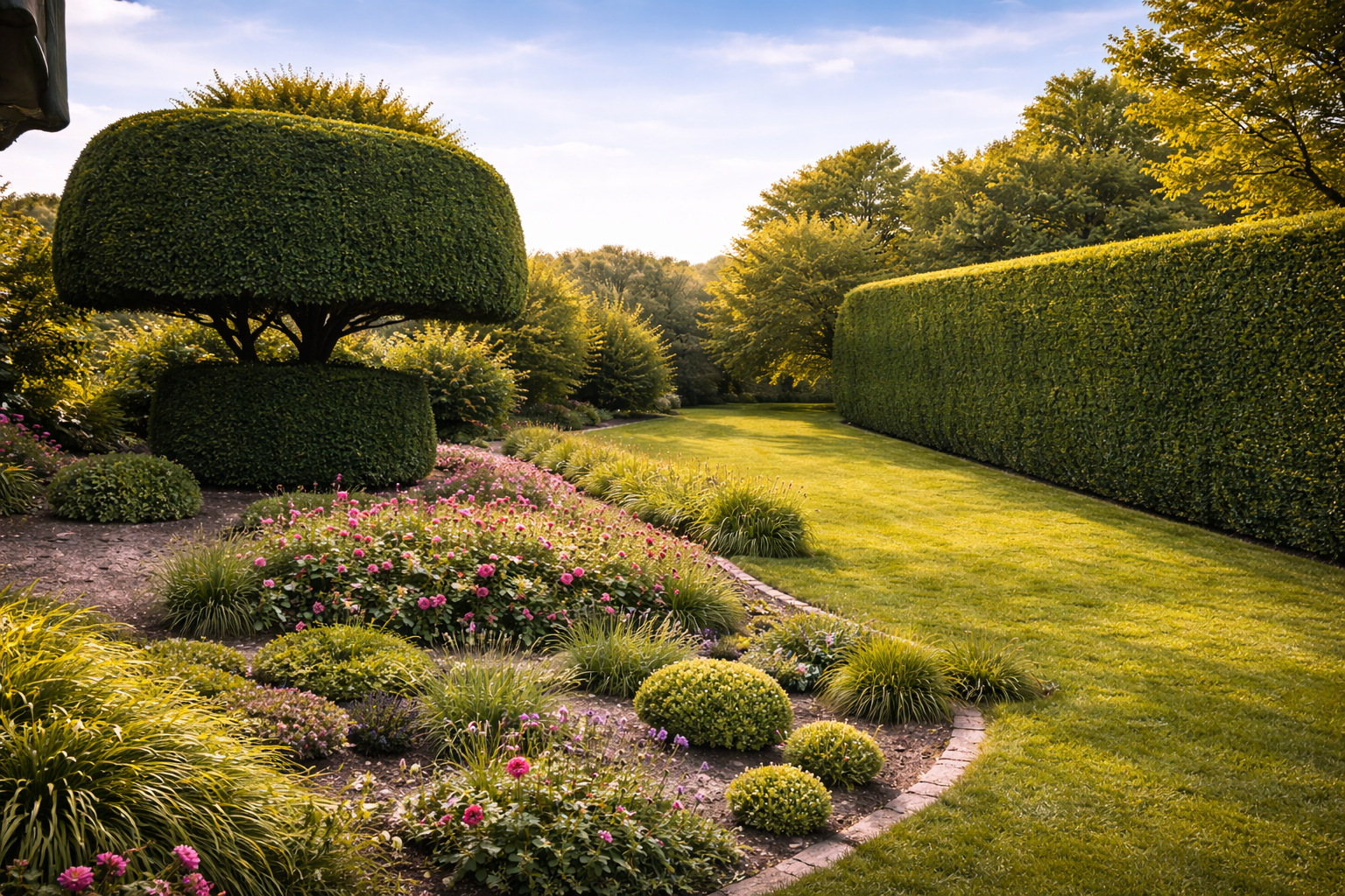 Außenanlage mit Naturstein und gepflegten Grünflächen